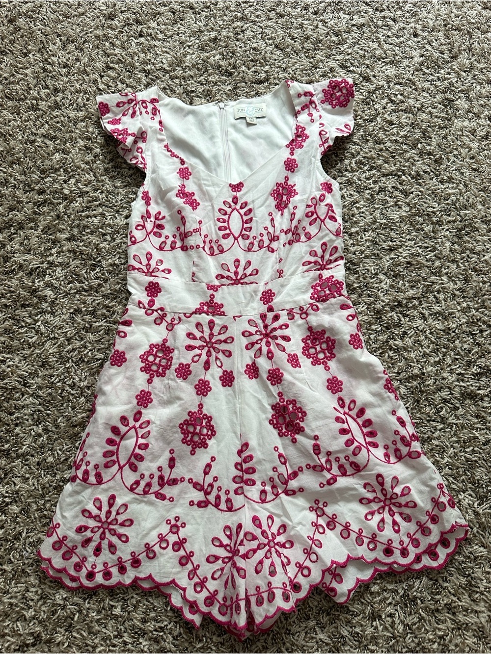 White Romper with Pink Floral Embroidery